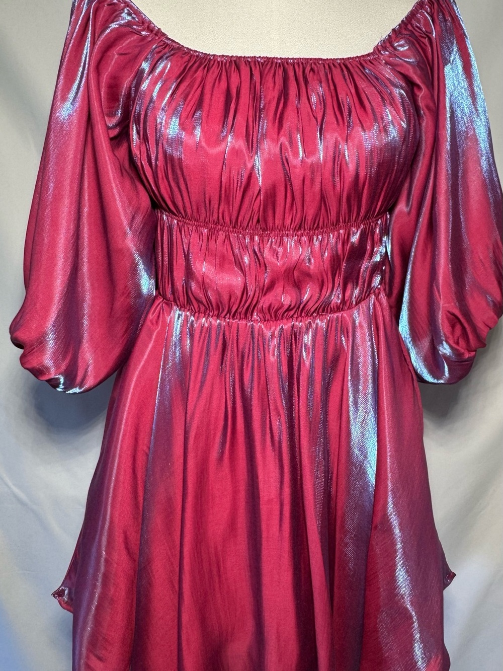 Altar'd State Shimmery Raspberry Off-Shoulder Puff-Sleeve Dress - Picture 2 of 10